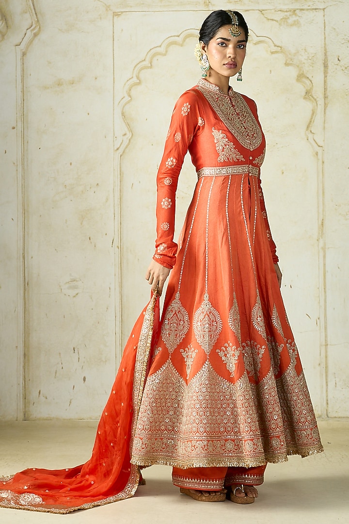 Orange Tussar Embroidered Bridal Anarkali Set by GOPI VAID at Pernia's Pop Up Shop