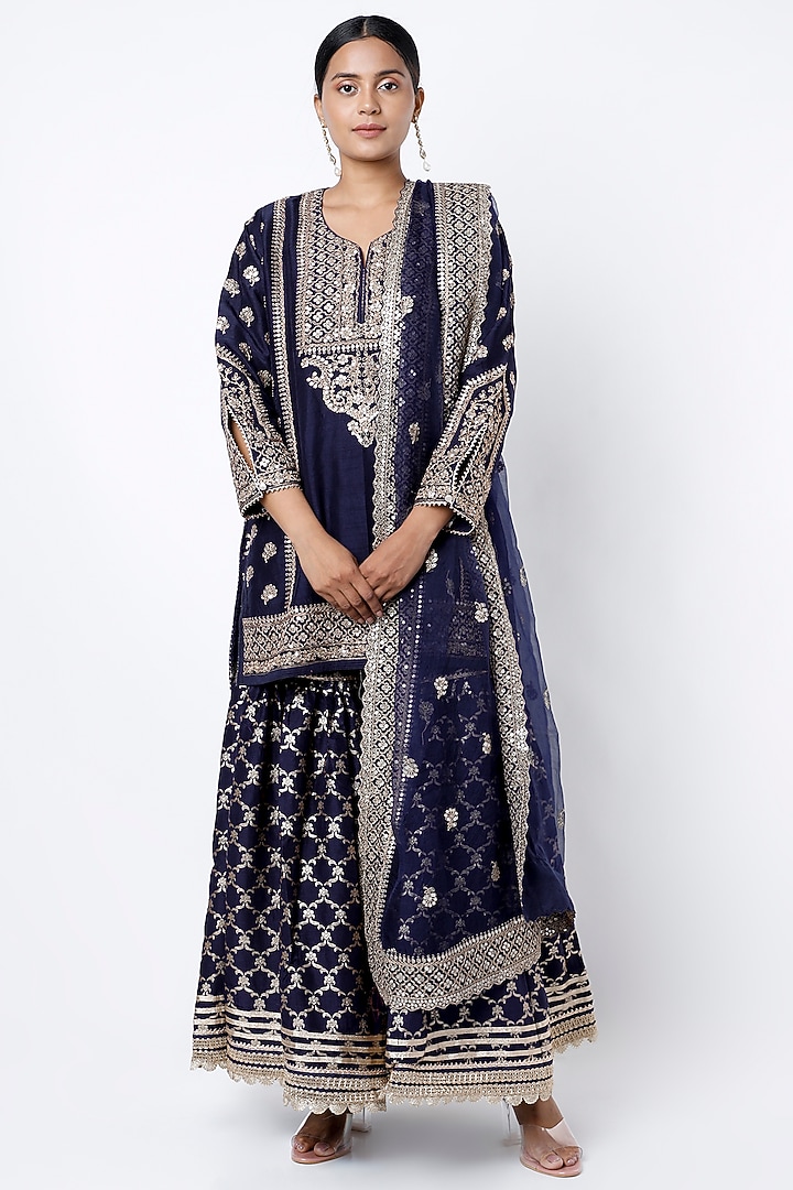 Navy Cotton Silk Gota Embellished Gharara Set by GOPI VAID at Pernia's Pop Up Shop