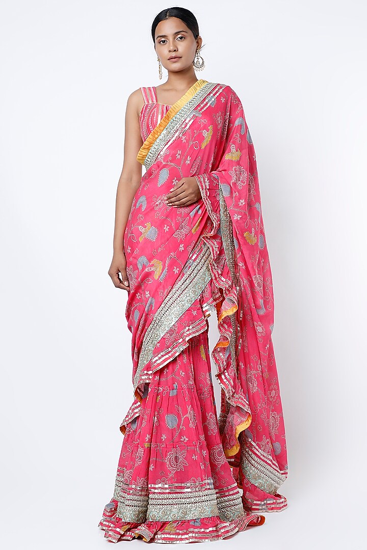 Pink Floral Printed Frilled Saree Set by GOPI VAID