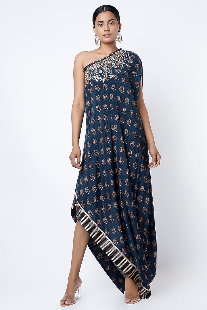 Blue Printed One-Shoulder Vacation Dress by GOPI VAID at Pernia's Pop Up Shop
