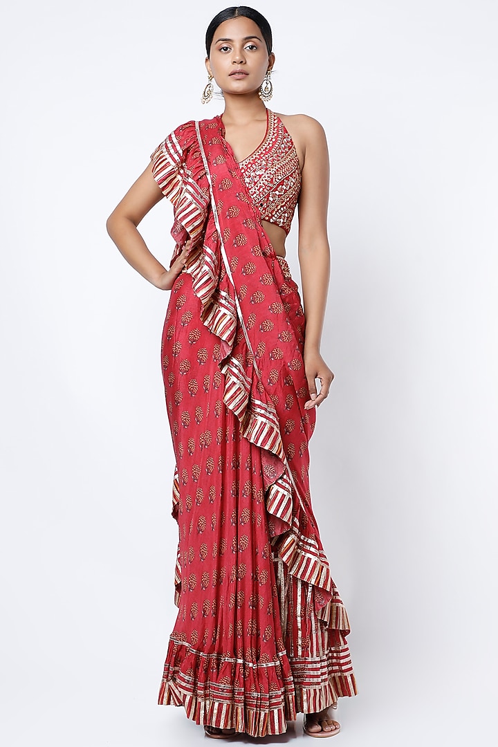 Cherry Red Chiffon Floral Printed Frilled Saree Set by GOPI VAID