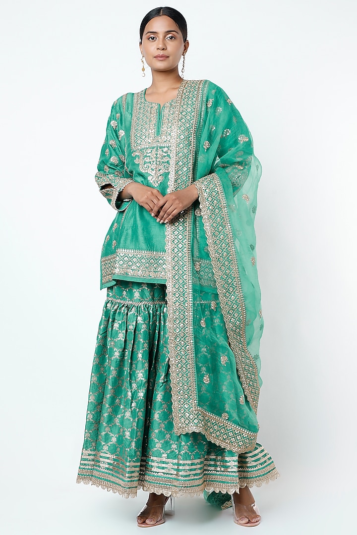 Aqua Blue Cotton Silk Gota Embellished Gharara Set by GOPI VAID at Pernia's Pop Up Shop