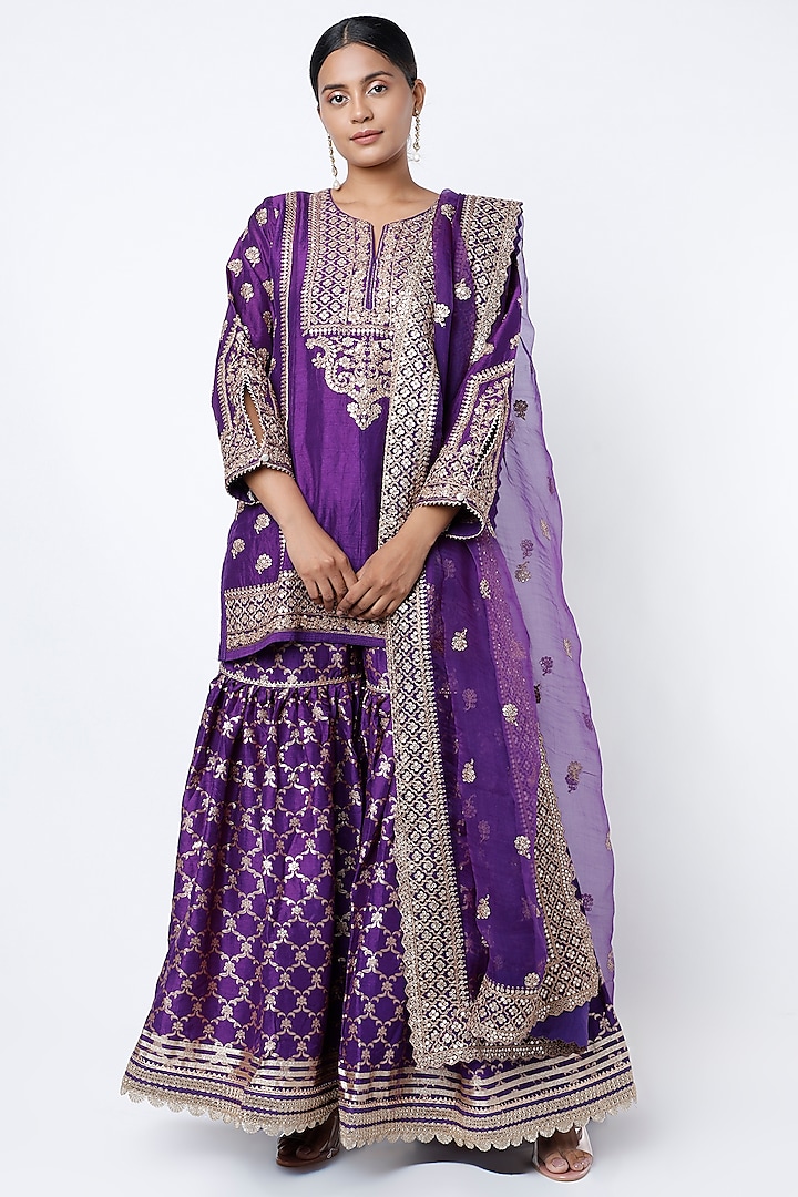 Violet Cotton Silk Gota Embellished Gharara Set by GOPI VAID at Pernia's Pop Up Shop