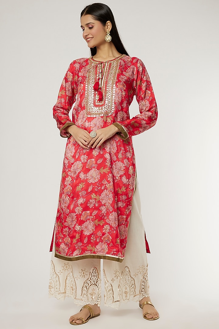 Red Viscose Gota Tunic by GOPI VAID at Pernia's Pop Up Shop