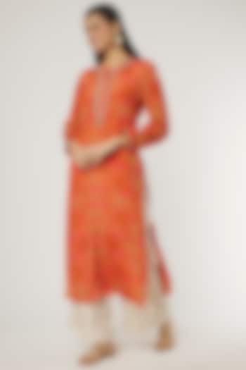 Orange Floral Embroidered Tunic by GOPI VAID