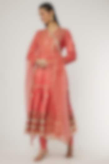 Red Tussar Silk Angrakha Kurta Set by GOPI VAID