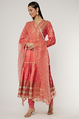 Coral Tussar Silk Angrakha Kurta Set by GOPI VAID