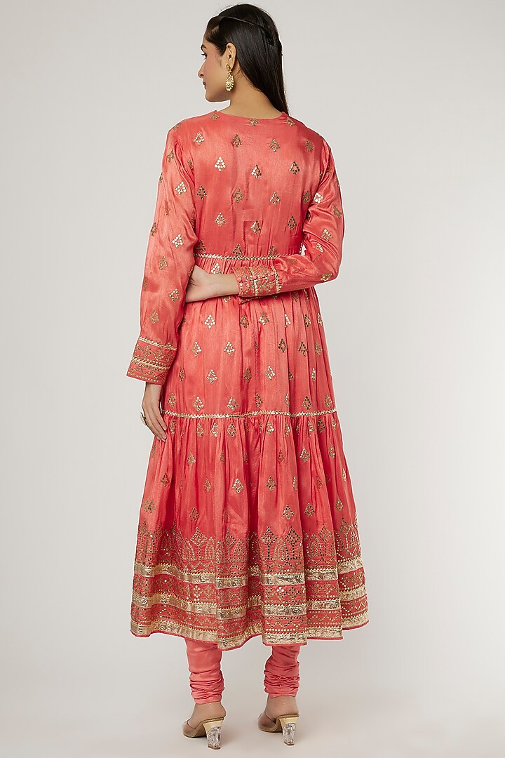 Coral Tussar Silk Angrakha Kurta Set by GOPI VAID at Pernia's Pop Up Shop