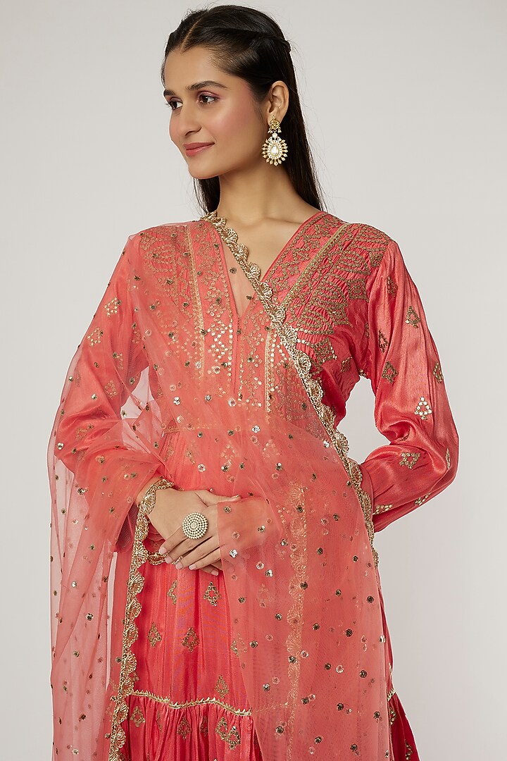 Coral Tussar Silk Angrakha Kurta Set by GOPI VAID at Pernia's Pop Up Shop