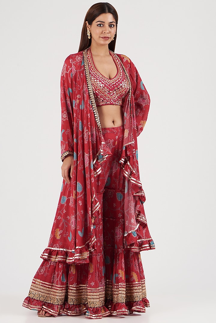 Red Embroidered Wedding Sharara Set by GOPI VAID at Pernia's Pop Up Shop