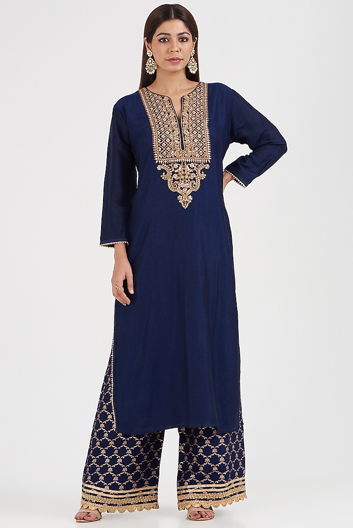 Cobalt Blue Embroidered Kurta Set by GOPI VAID