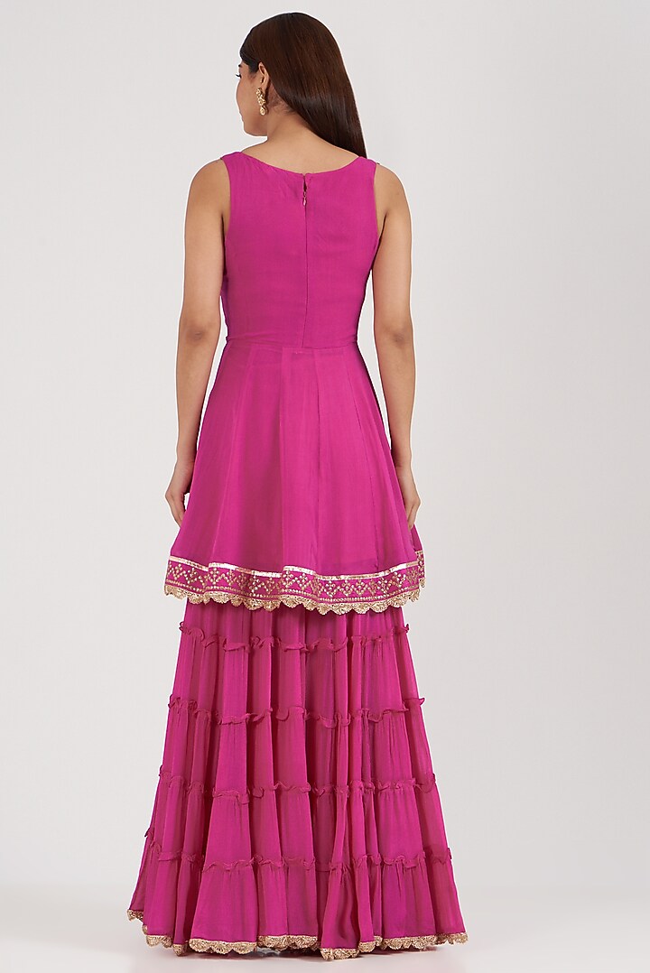 Fuchsia Georgette Frilled Wedding Sharara Set by GOPI VAID at Pernia's Pop Up Shop
