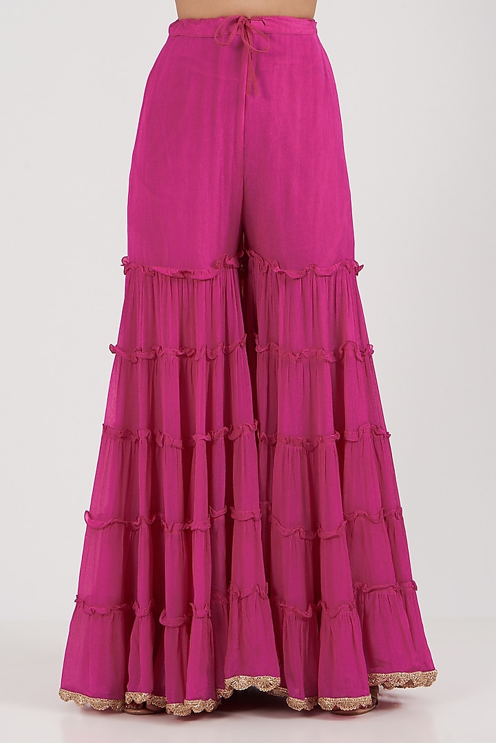 Fuchsia Georgette Frilled Wedding Sharara Set by GOPI VAID at Pernia's Pop Up Shop