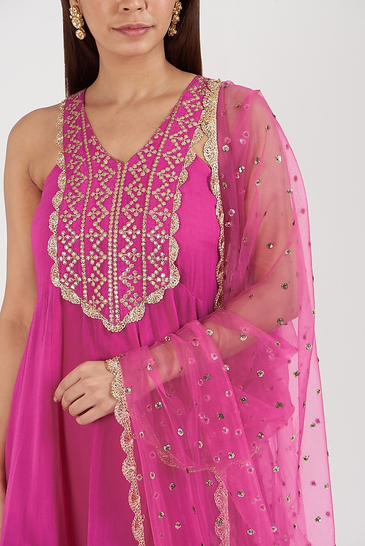 Fuchsia Georgette Frilled Wedding Sharara Set by GOPI VAID at Pernia's Pop Up Shop