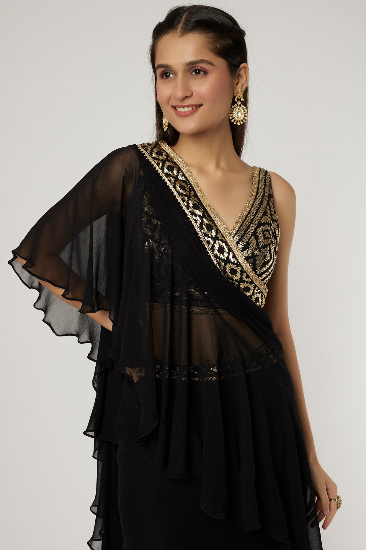 Classic Embroidered Work On Black Color Party Wear Saree In Chiffon Fabric