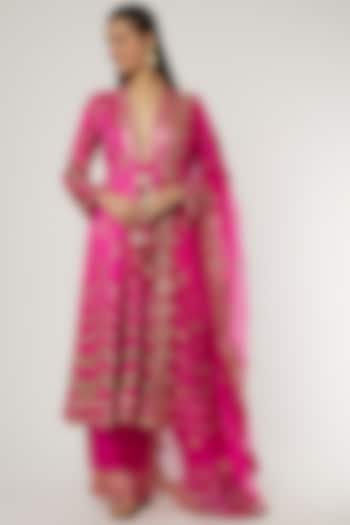 Pink Tussar Silk Angrakha Kurta Set by GOPI VAID