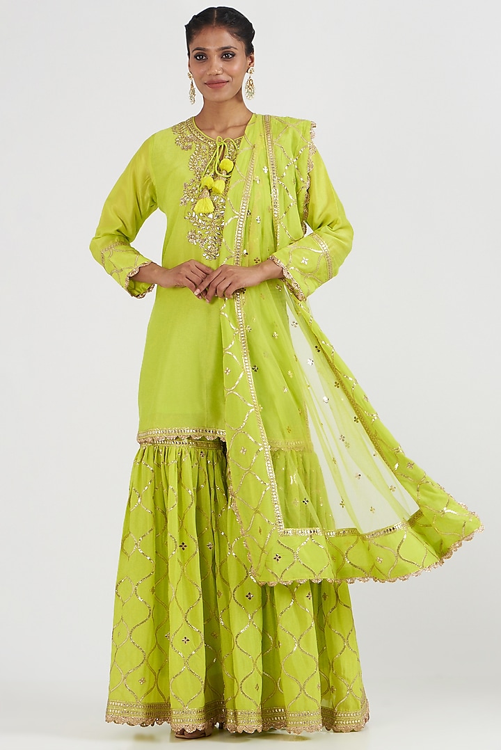 Lime Tussar Silk Sharara Set by GOPI VAID at Pernia's Pop Up Shop