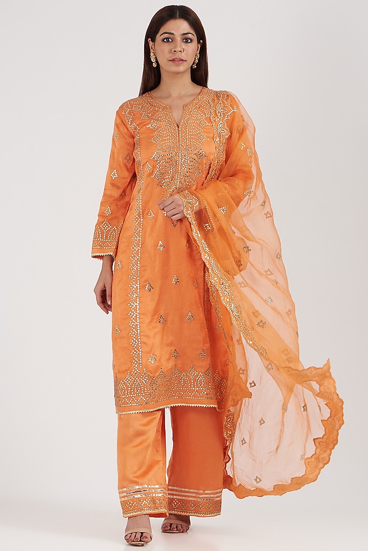 Orange Embroidered Kurta Set by GOPI VAID