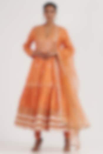 Orange Embroidered Wedding Anarkali Set by GOPI VAID at Pernia's Pop Up Shop