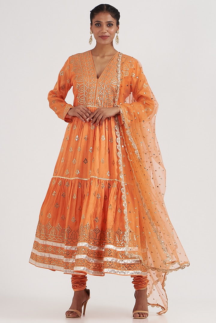 Orange Embroidered Wedding Anarkali Set by GOPI VAID at Pernia's Pop Up Shop