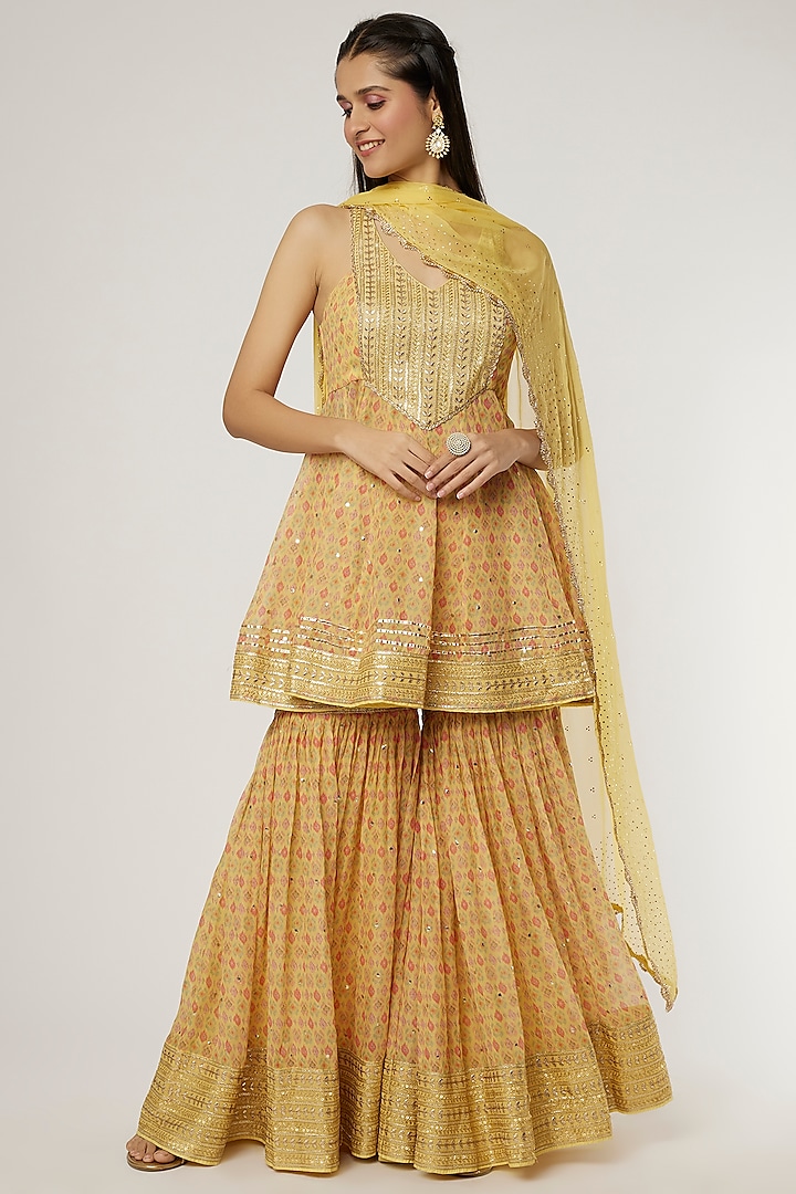 Mustard Georgette Printed Gharara Set by GOPI VAID at Pernia's Pop Up Shop