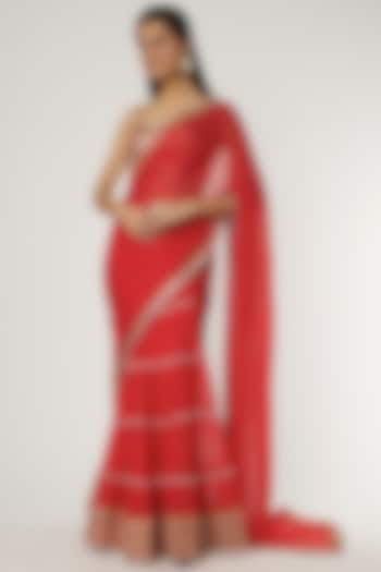 Red Embroidered Draped Saree Set by GOPI VAID