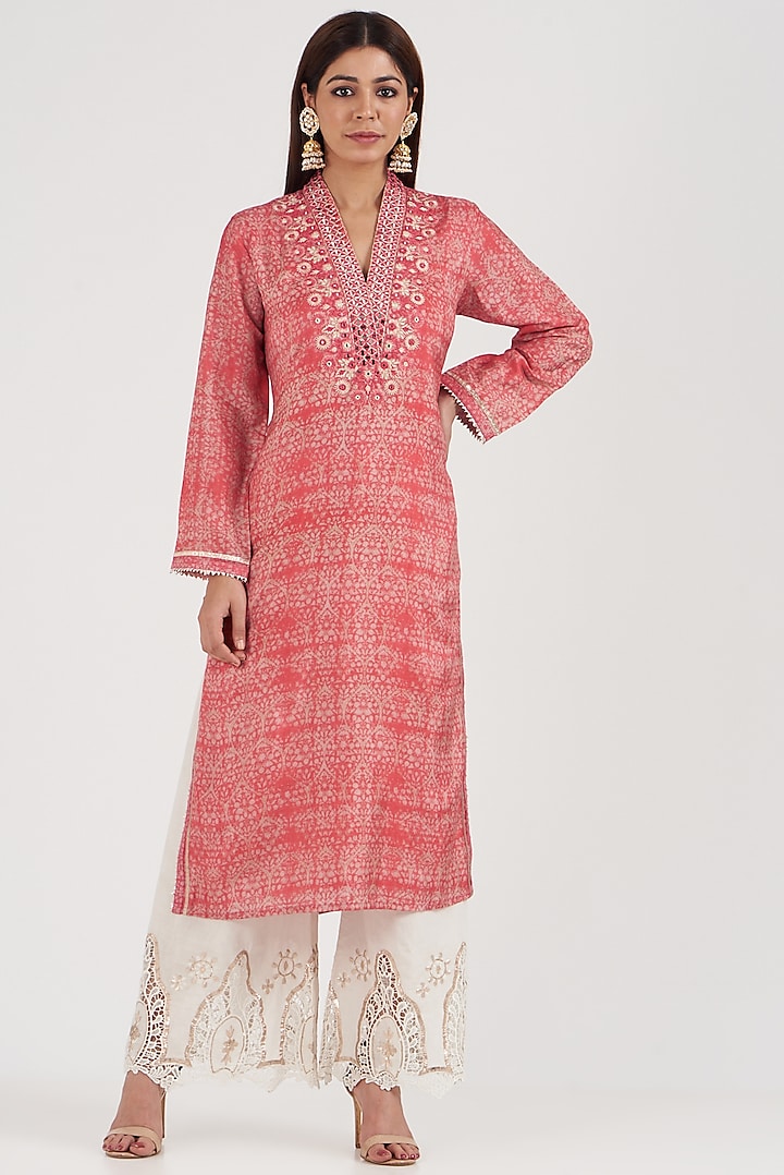 Pink Mirror & Thread Embroidered Tunic by GOPI VAID
