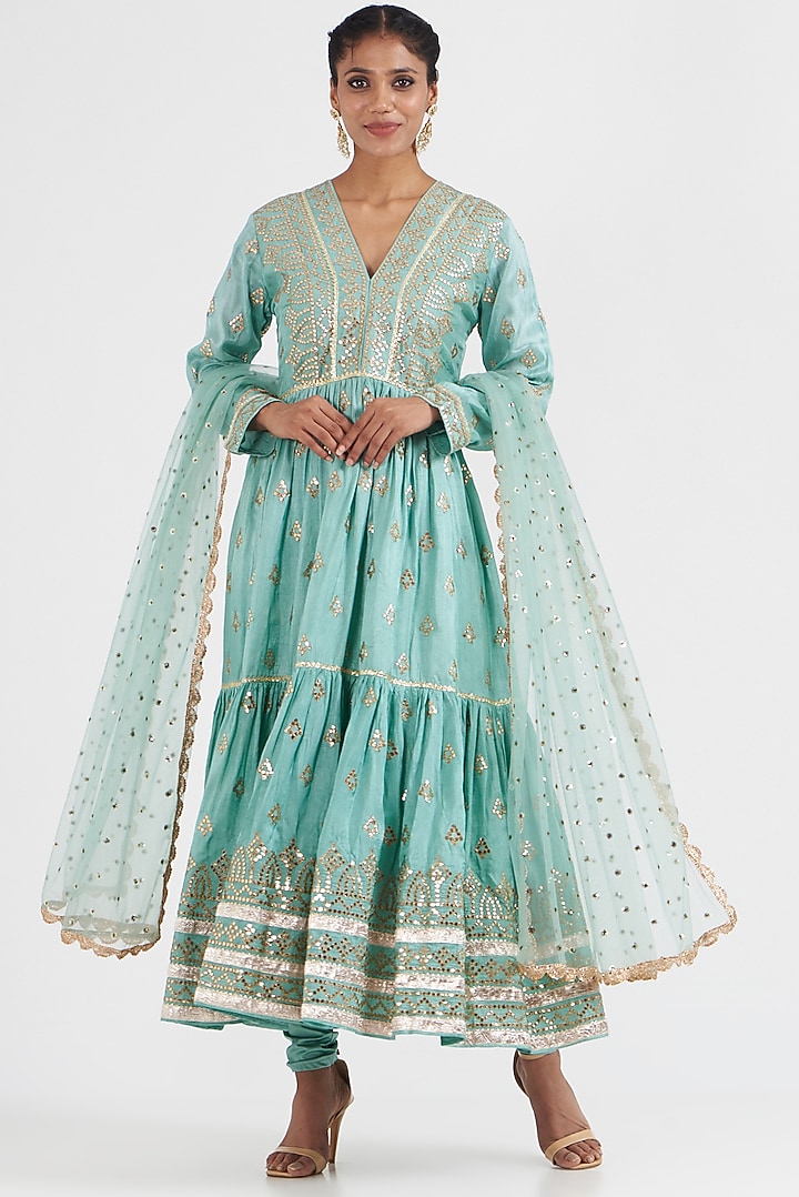Powder Blue Embroidered Wedding Anarkali Set by GOPI VAID at Pernia's Pop Up Shop
