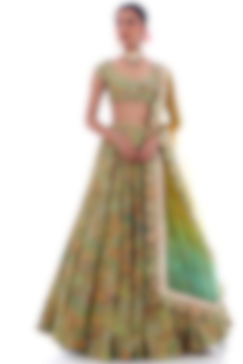 Green Tussar Silk Printed & Embroidered Wedding Lehenga Set by GOPI VAID at Pernia's Pop Up Shop