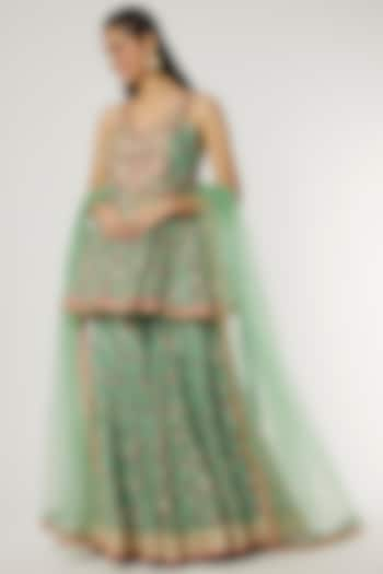 Green Georgette Applique Embroidered Gharara Set by GOPI VAID at Pernia's Pop Up Shop