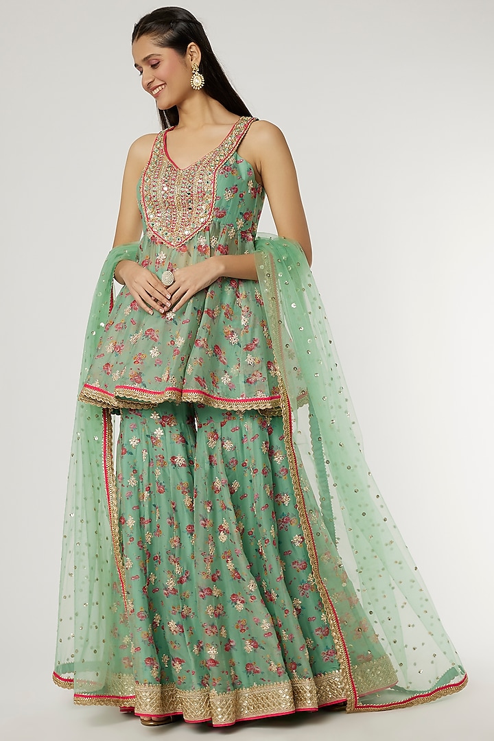 Green Georgette Applique Embroidered Gharara Set by GOPI VAID at Pernia's Pop Up Shop