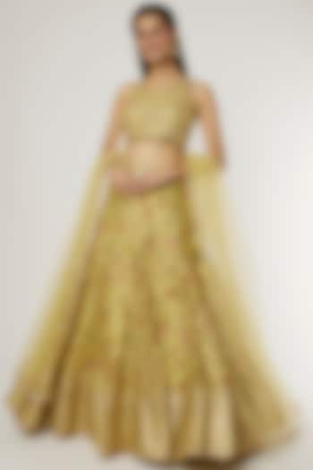 Mustard Printed & Embellished Lehenga Set by GOPI VAID