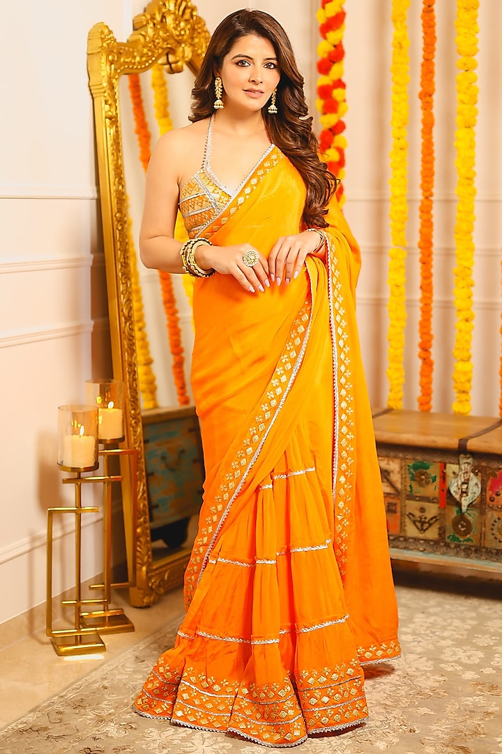Orange Embroidered Draped Saree Set by GOPI VAID