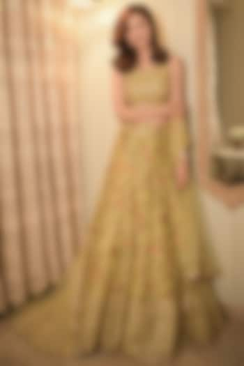 Mustard Printed Lehenga Set by GOPI VAID