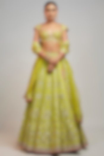 Lime Green Tussar Marodi Embroidered Bridal Lehenga Set by GOPI VAID at Pernia's Pop Up Shop