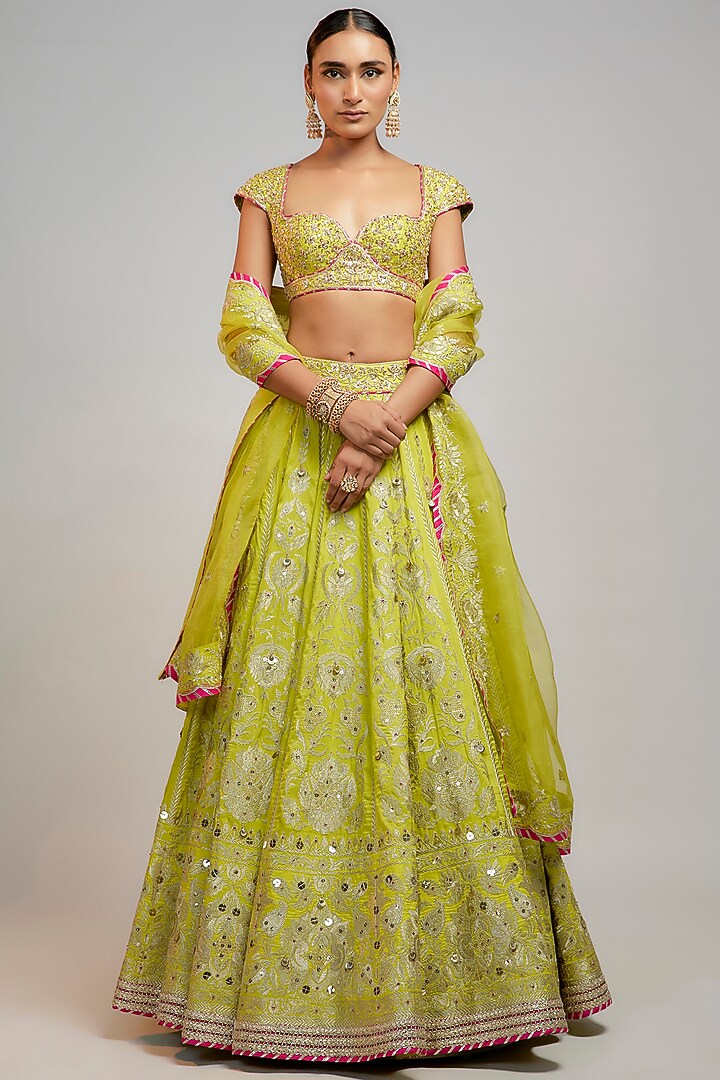 Lime Green Tussar Marodi Embroidered Bridal Lehenga Set by GOPI VAID at Pernia's Pop Up Shop