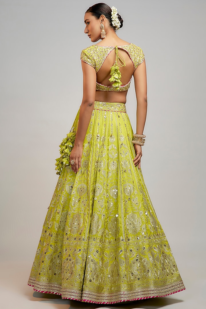 Lime Green Tussar Marodi Embroidered Bridal Lehenga Set by GOPI VAID at Pernia's Pop Up Shop