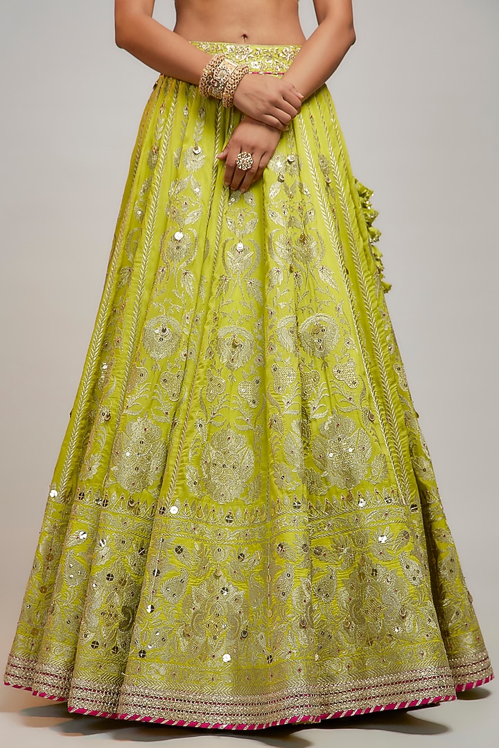 Lime Green Tussar Marodi Embroidered Bridal Lehenga Set by GOPI VAID at Pernia's Pop Up Shop