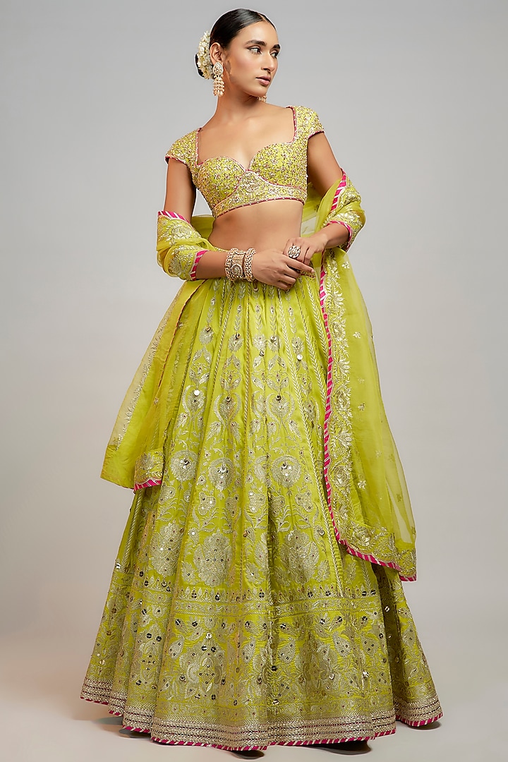 Lime Green Tussar Marodi Embroidered Bridal Lehenga Set by GOPI VAID at Pernia's Pop Up Shop