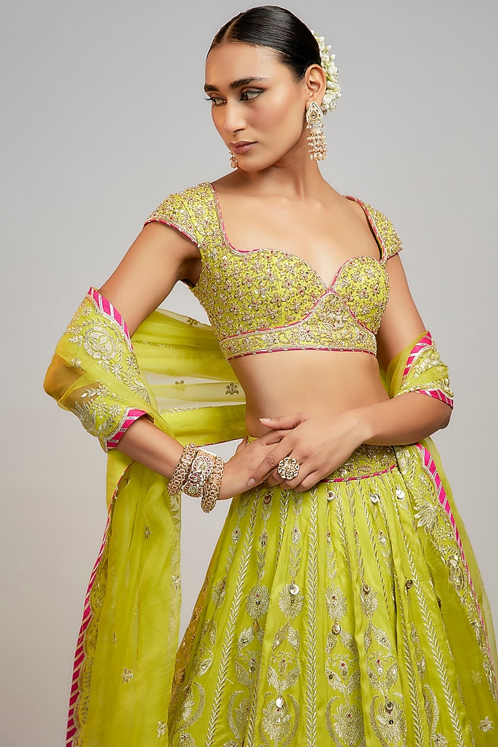 Lime Green Tussar Marodi Embroidered Bridal Lehenga Set by GOPI VAID at Pernia's Pop Up Shop