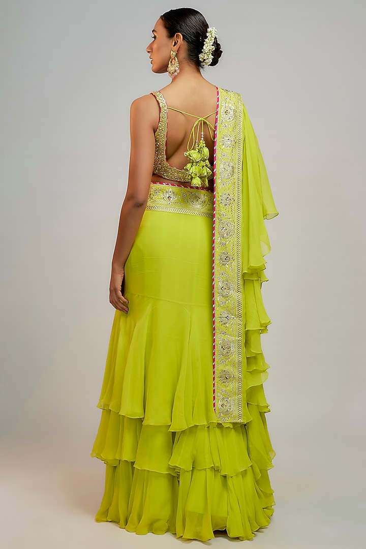 Lime Green Chiffon Ready-To-Wear Tiered Wedding Saree Set by GOPI VAID at Pernia's Pop Up Shop