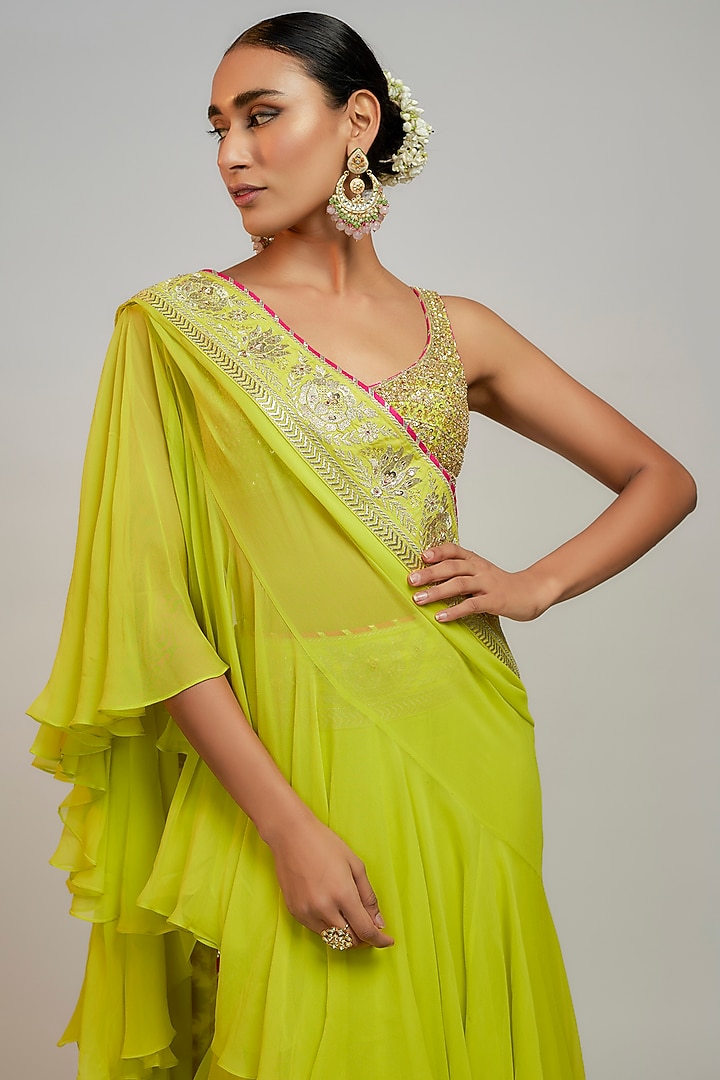 Lime Green Chiffon Ready-To-Wear Tiered Wedding Saree Set by GOPI VAID at Pernia's Pop Up Shop