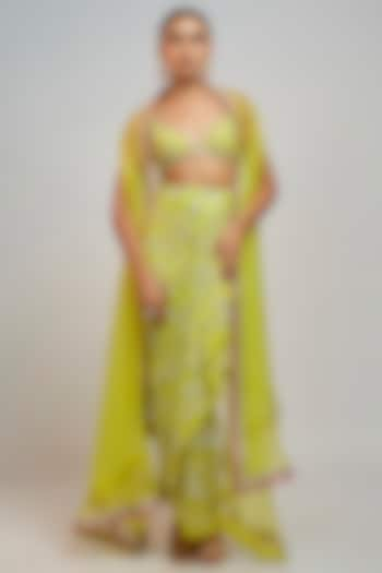 Lime Green Georgette Hand & Machine Embroidered Draped Skirt Set by GOPI VAID at Pernia's Pop Up Shop