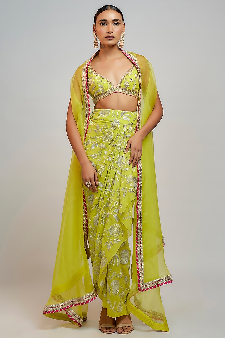 Lime Green Georgette Hand & Machine Embroidered Draped Skirt Set by GOPI VAID at Pernia's Pop Up Shop