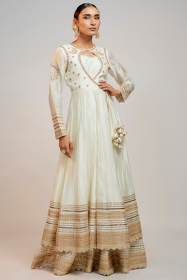 White Tussar Hand & Machine Embroidered Wedding Anarkali by GOPI VAID at Pernia's Pop Up Shop
