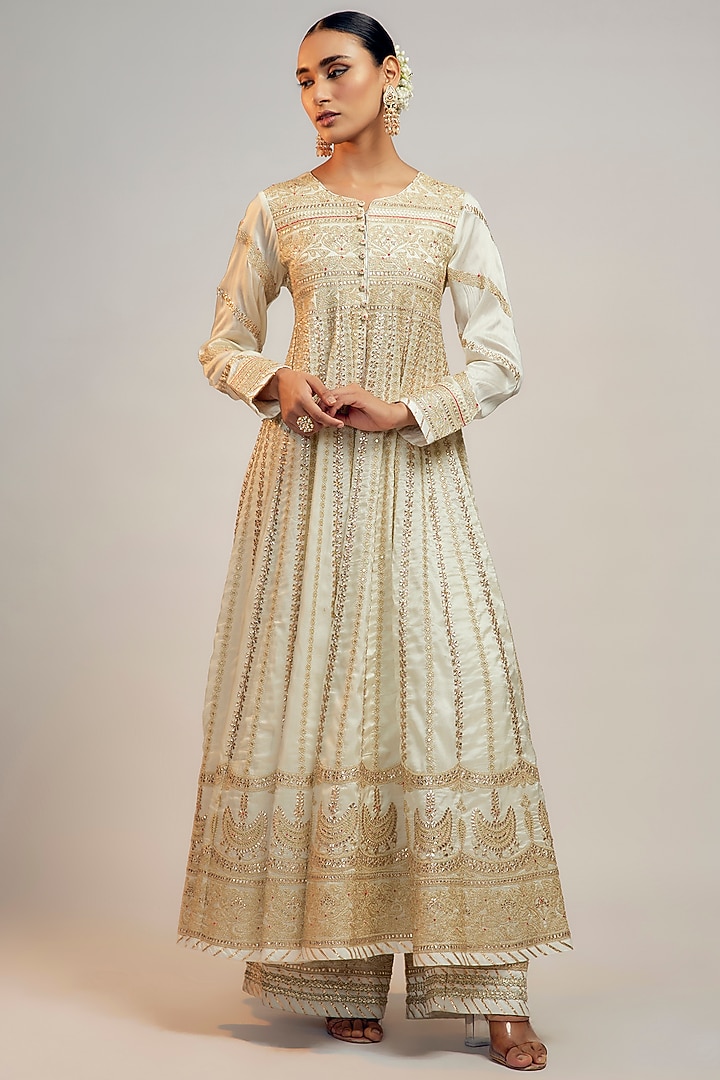White Tussar Hand & Machine Embroidered Bridal Anarkali Set by GOPI VAID at Pernia's Pop Up Shop