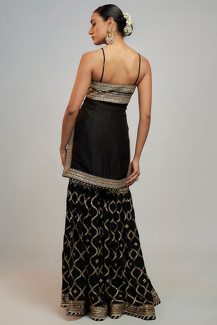 Black Tussar Hand & Machine Embroidered Wedding Sharara Set by GOPI VAID at Pernia's Pop Up Shop