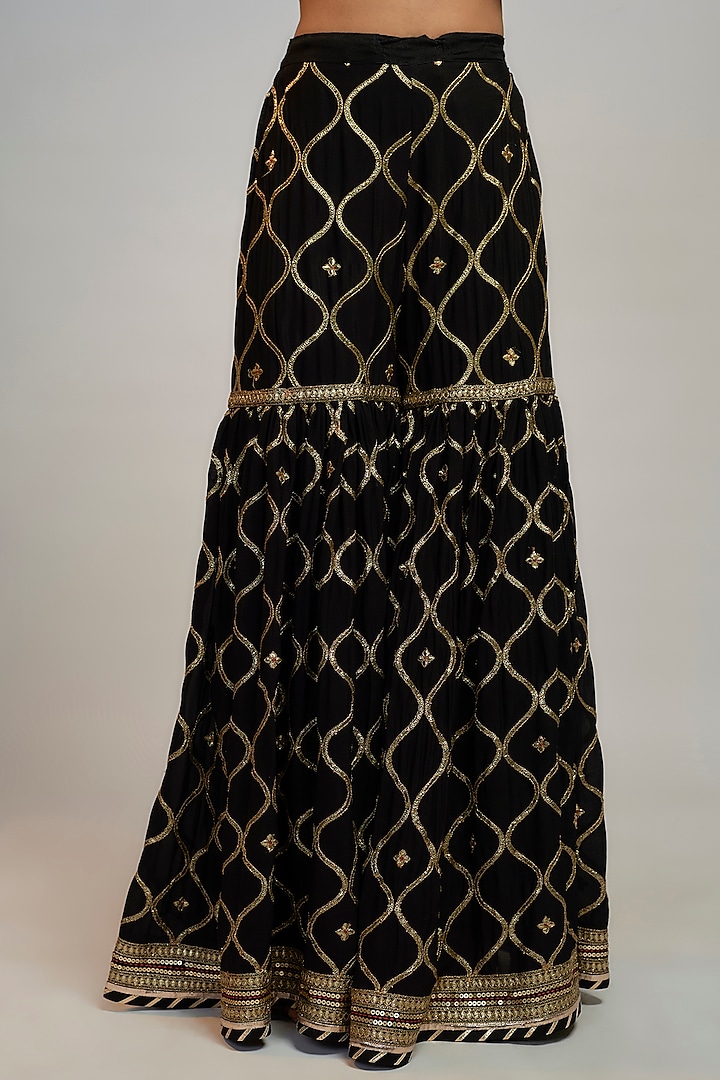 Black Tussar Hand & Machine Embroidered Wedding Sharara Set by GOPI VAID at Pernia's Pop Up Shop