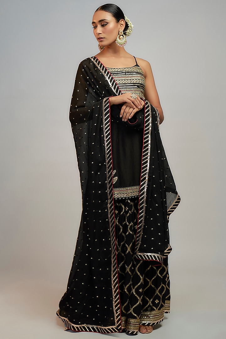Black Tussar Hand & Machine Embroidered Wedding Sharara Set by GOPI VAID at Pernia's Pop Up Shop