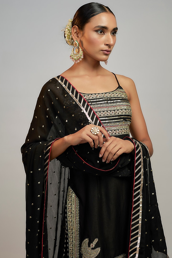 Black Tussar Hand & Machine Embroidered Wedding Sharara Set by GOPI VAID at Pernia's Pop Up Shop
